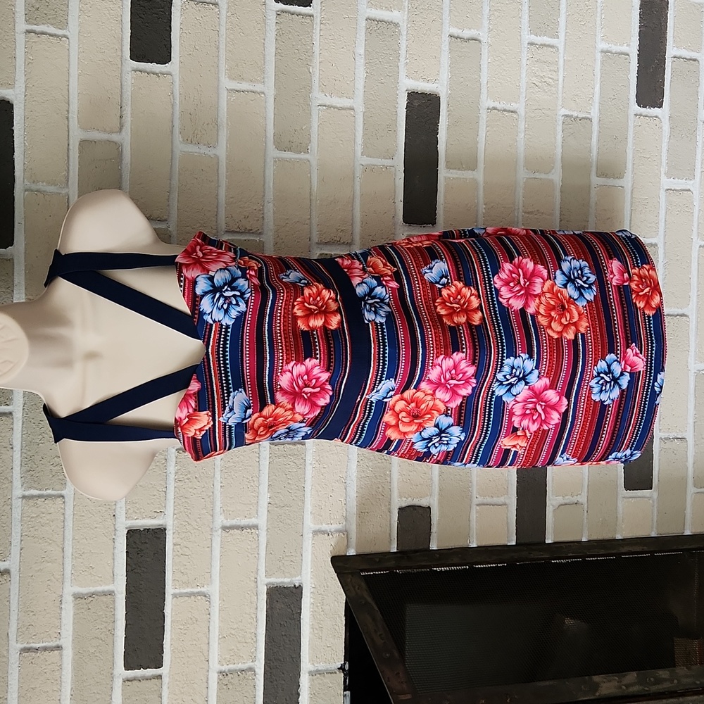 GUESS Floral Strappy Bodycon Mini Dress Navy Pink Y2K Sz 2